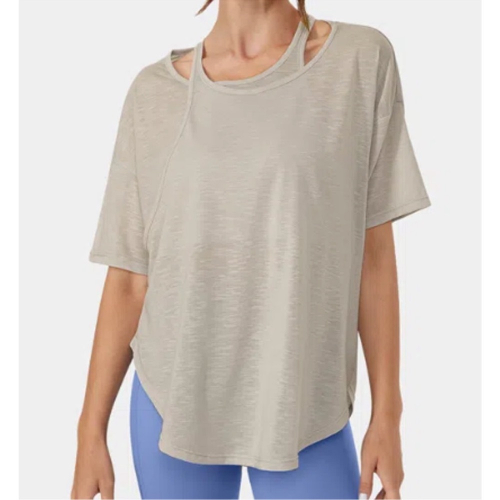 NWOT Halara Women's Relaxed 2-in-1 Curved Hem Sheer Yoga Sports Top Rainy Day S